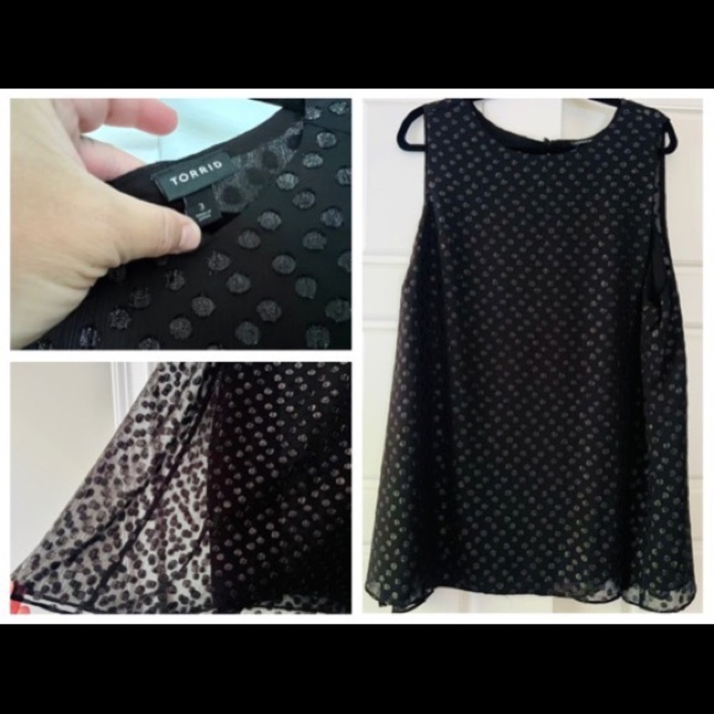 Black chiffon tank. Dot detail adds a shimmery silver detail. Torrid size 3.